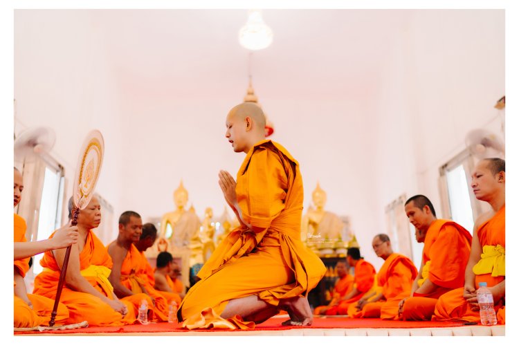 พระใหม่ในจีวรเหลืองท่ามกลางแสงแดดยามเช้า