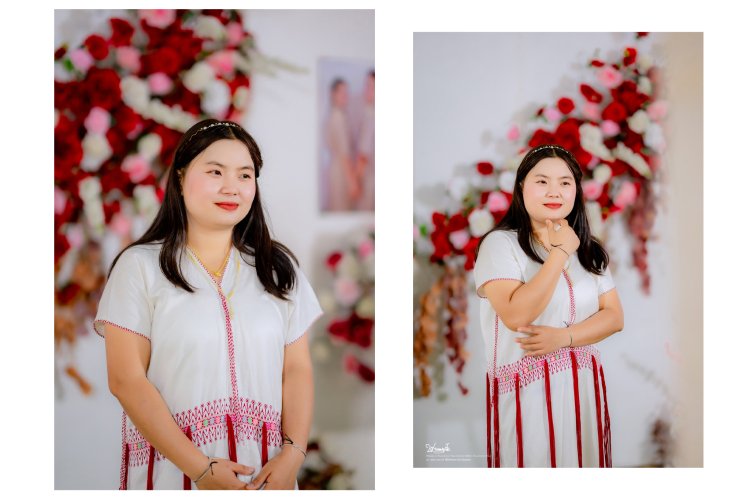 เจ้าสาวกะเหรี่ยงสวมชุดทอมือยืนเคียงข้างเจ้าบ่าว