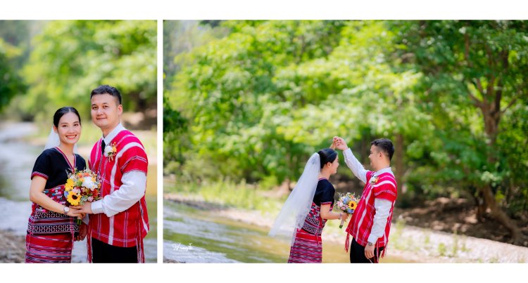 เจ้าสาวกะเหรี่ยงยิ้มหวานในชุดทอมือประจำเผ่า ริมน้ำ